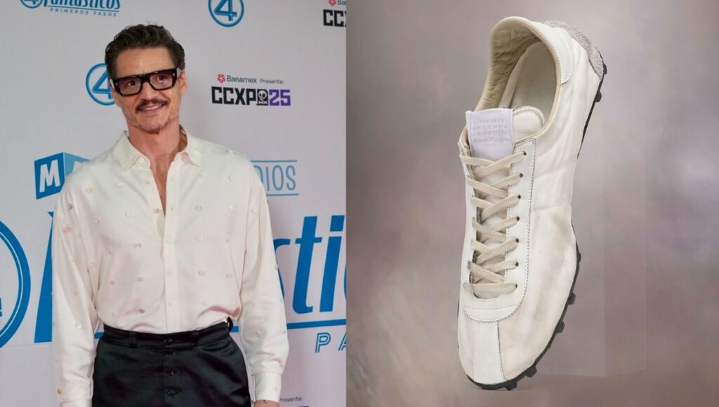 pantalon con pinzas y tenis blancos de pedro pascal