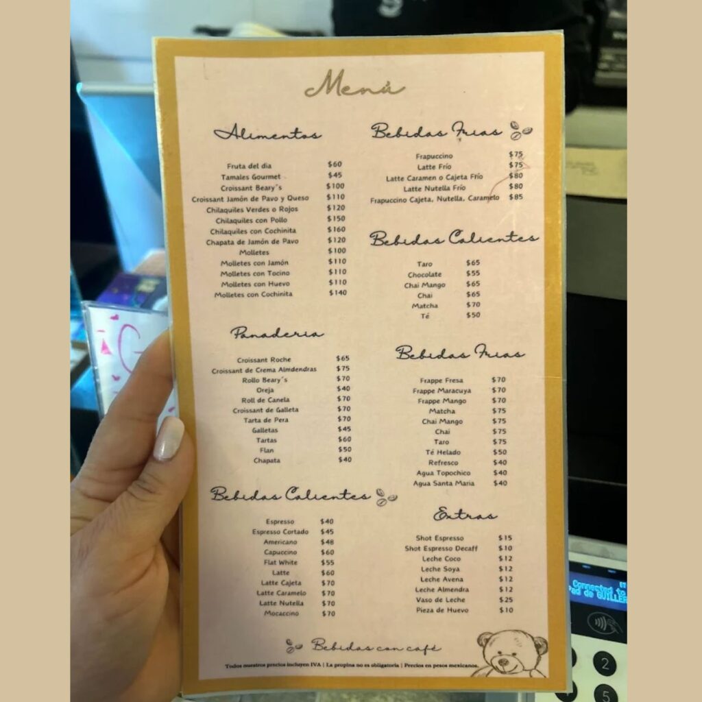 Menú y precios de Beary's Coffee Shop la cafetería de osos en CDMX