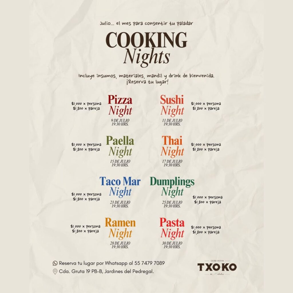 Talleres y precios de las cooking nights de Txoco Cocina Creativa en la CDMX
