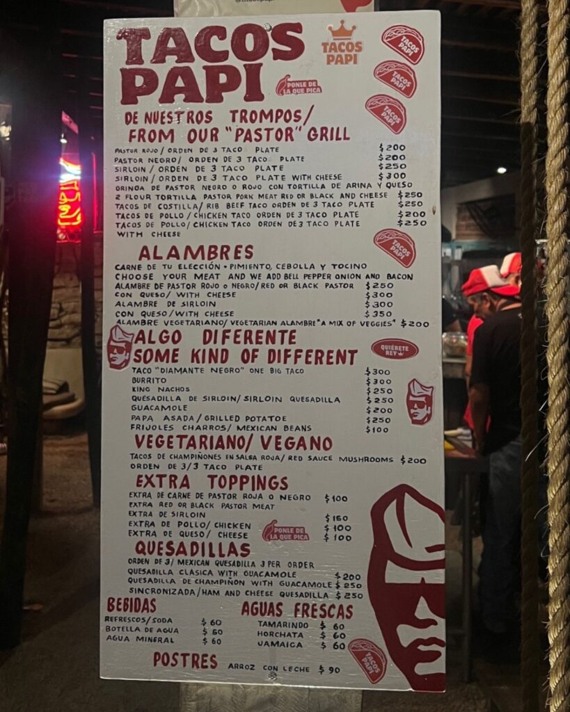menu y precios de los tacos papi de roberto palazuelos 